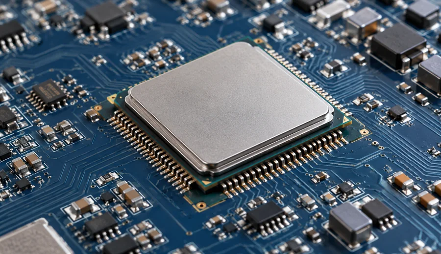 Macro photograph of a silicon processor on a detailed blue printed circuit board