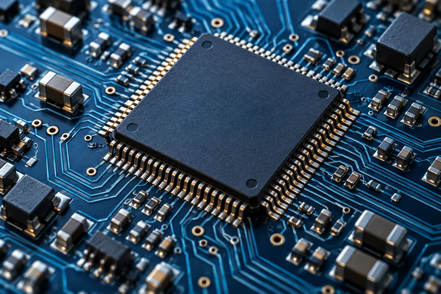 Close-up of a semiconductor chip package mounted on a detailed blue circuit board