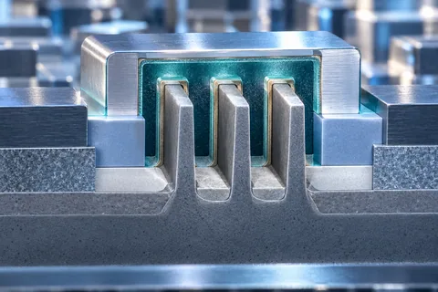 Three raised silicon fins inside a metallic transistor gate structure