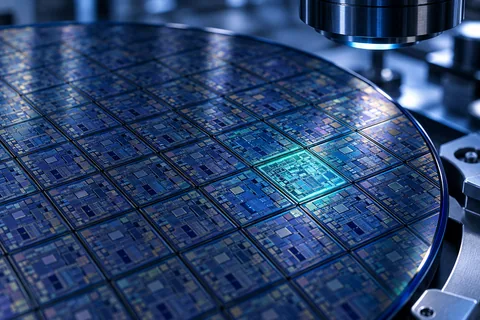 Close view of repeating silicon wafer dies with a highlighted chip layout