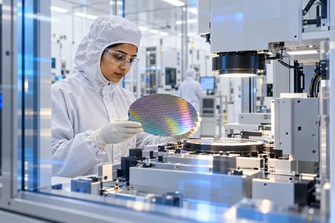 Engineer inspecting a silicon wafer beside semiconductor fabrication equipment