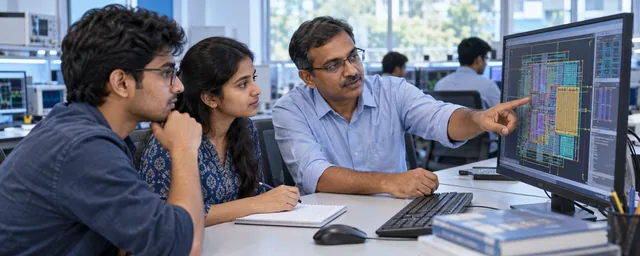 VLSI instructor guiding two engineering students through a chip layout